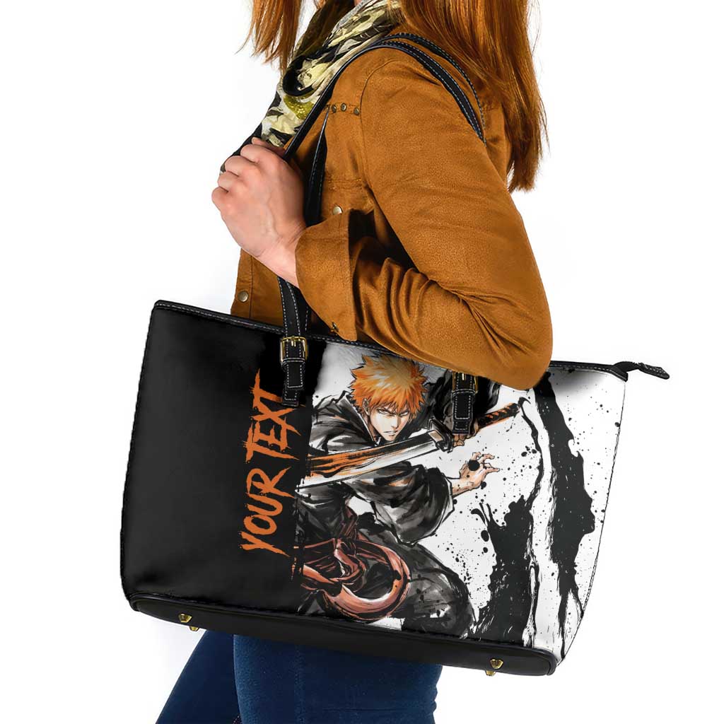 Personalized Ichigo Kurosaki Leather Tote Bag Ink Splash Anime Brush Style