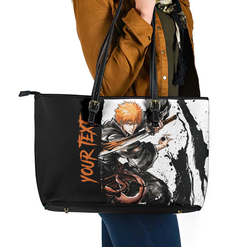 Personalized Ichigo Kurosaki Leather Tote Bag Ink Splash Anime Brush Style