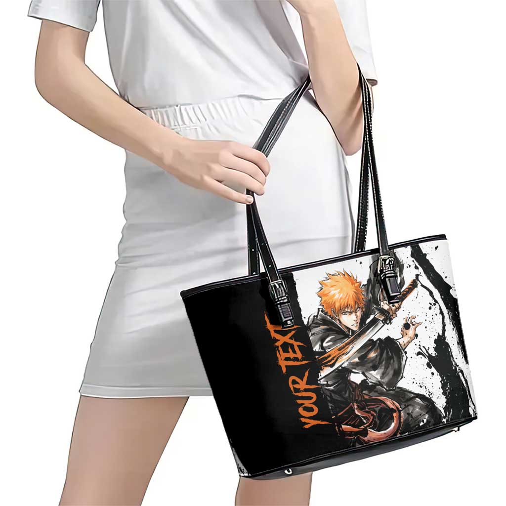 Personalized Ichigo Kurosaki Leather Tote Bag Ink Splash Anime Brush Style