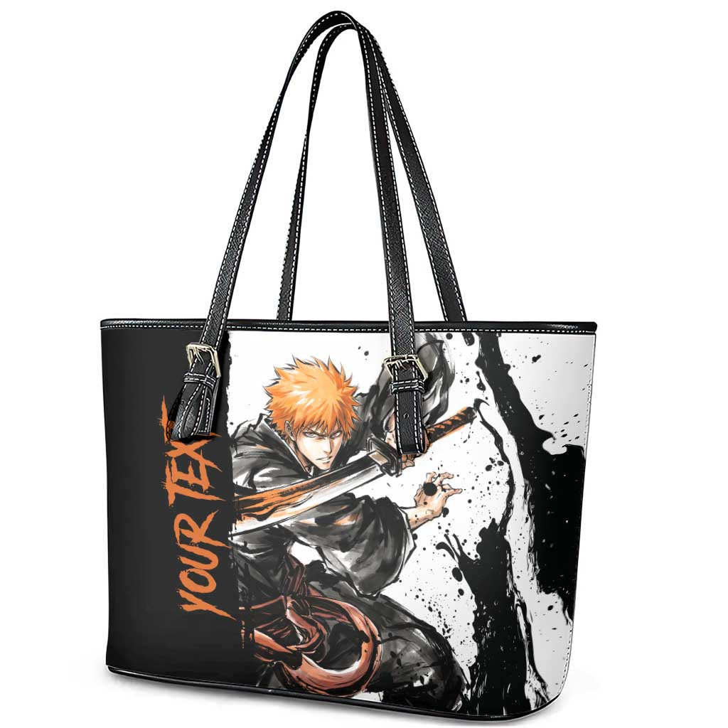 Personalized Ichigo Kurosaki Leather Tote Bag Ink Splash Anime Brush Style