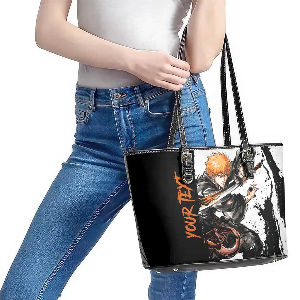 Personalized Ichigo Kurosaki Leather Tote Bag Ink Splash Anime Brush Style