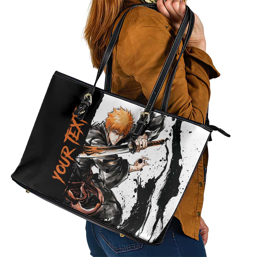 Personalized Ichigo Kurosaki Leather Tote Bag Ink Splash Anime Brush Style
