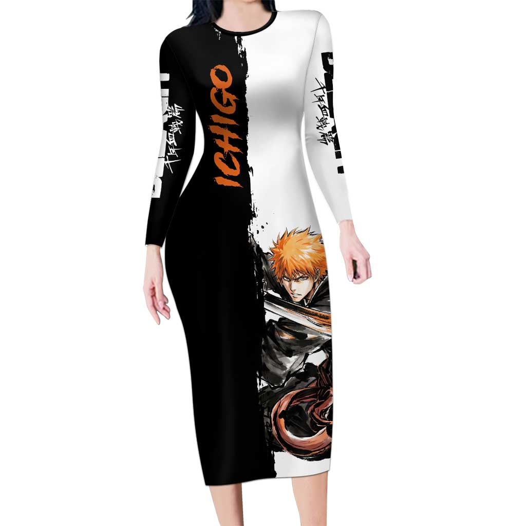 Personalized Ichigo Kurosaki Long Sleeve Bodycon Dress Ink Splash Anime Brush Style