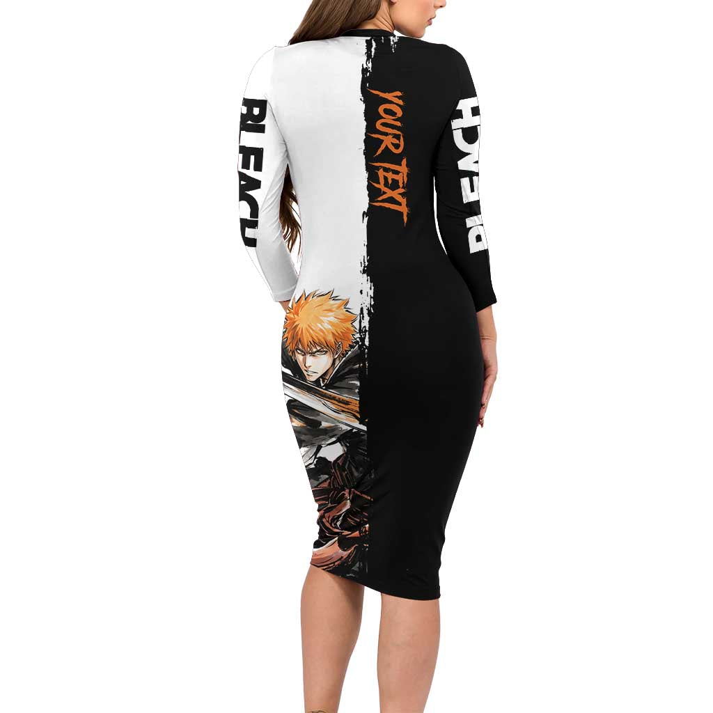Personalized Ichigo Kurosaki Long Sleeve Bodycon Dress Ink Splash Anime Brush Style