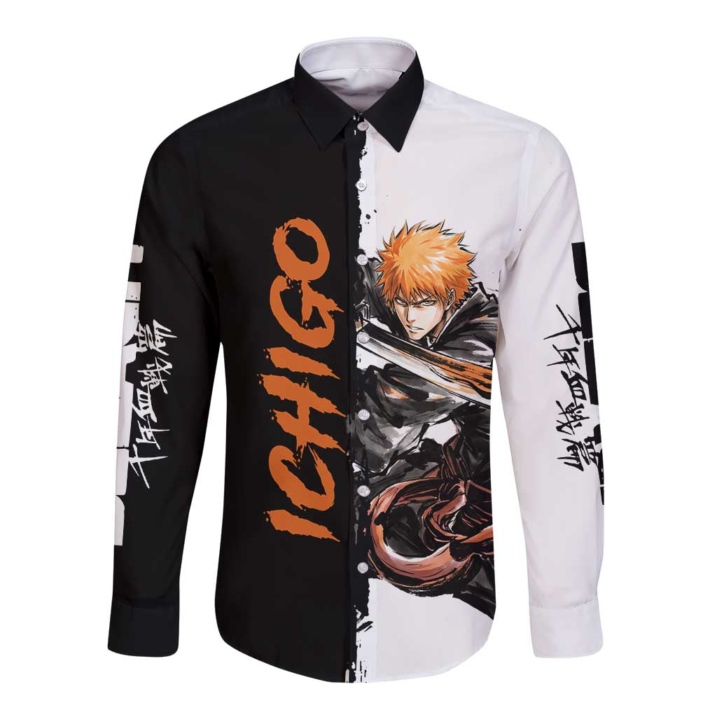 Personalized Ichigo Kurosaki Long Sleeve Button Shirt Ink Splash Anime Brush Style