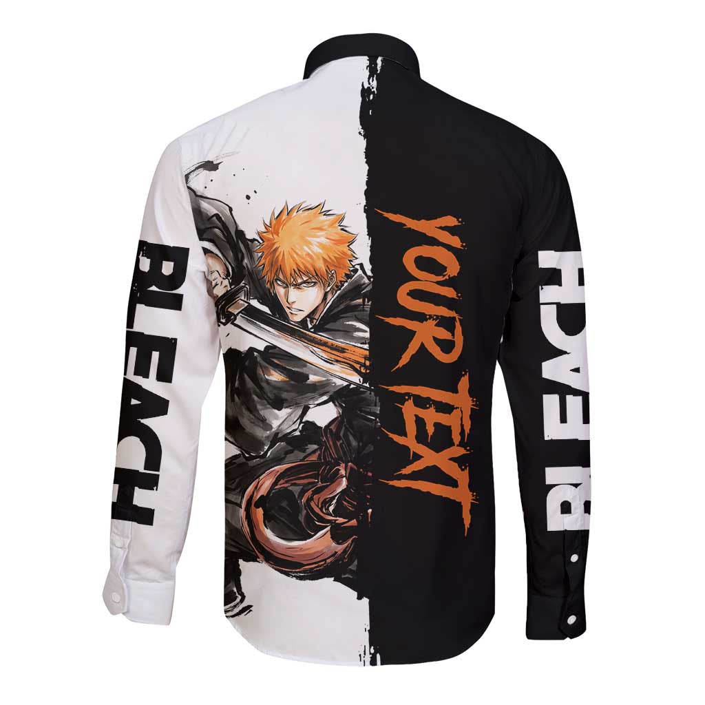 Personalized Ichigo Kurosaki Long Sleeve Button Shirt Ink Splash Anime Brush Style