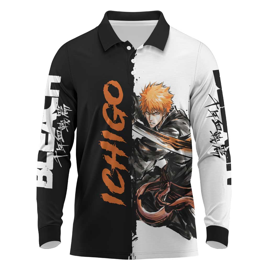 Personalized Ichigo Kurosaki Long Sleeve Polo Shirt Ink Splash Anime Brush Style