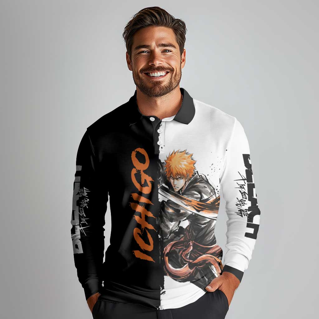 Personalized Ichigo Kurosaki Long Sleeve Polo Shirt Ink Splash Anime Brush Style