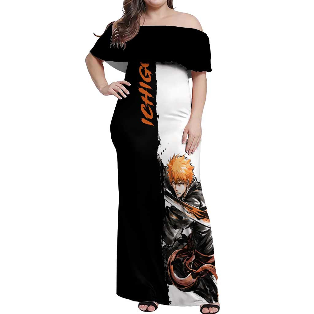 Personalized Ichigo Kurosaki Off Shoulder Maxi Dress Ink Splash Anime Brush Style
