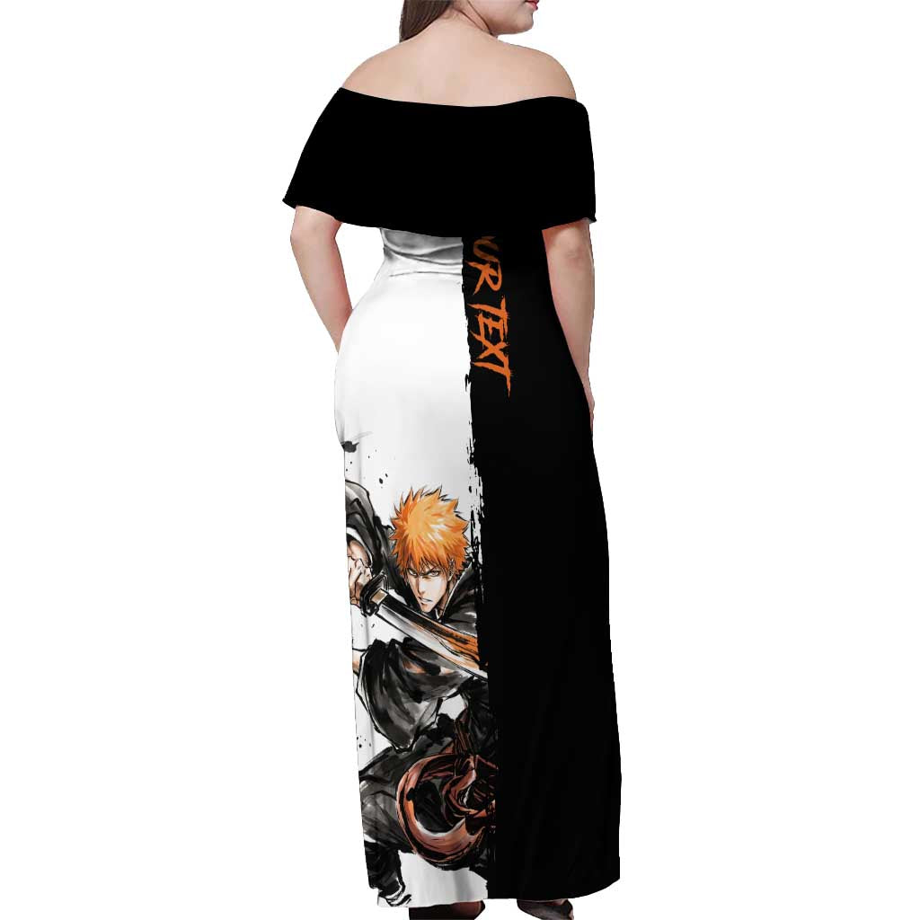 Personalized Ichigo Kurosaki Off Shoulder Maxi Dress Ink Splash Anime Brush Style