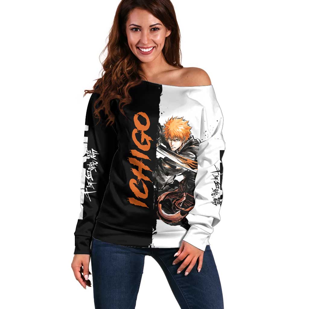 Personalized Ichigo Kurosaki Off Shoulder Sweater Ink Splash Anime Brush Style