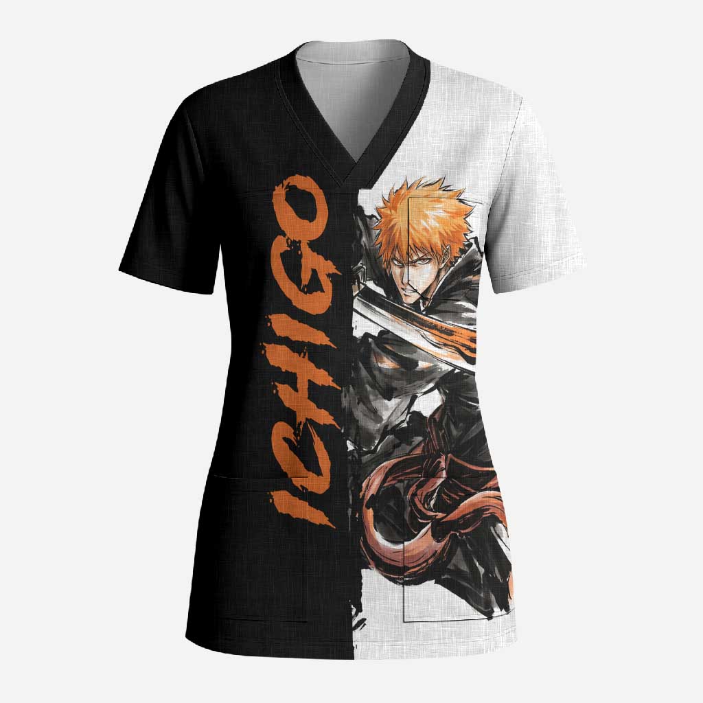 Personalized Ichigo Kurosaki Scrub Top Ink Splash Anime Brush Style