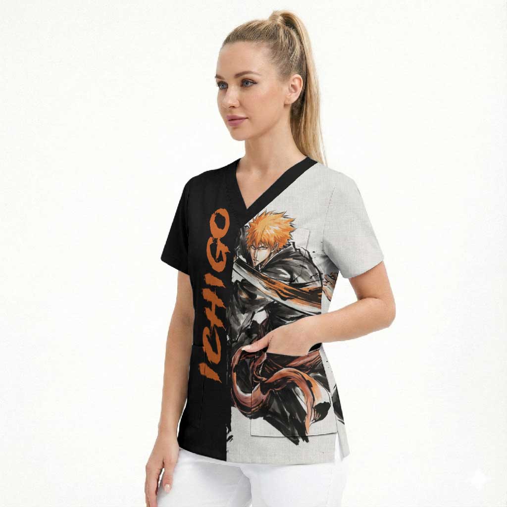 Personalized Ichigo Kurosaki Scrub Top Ink Splash Anime Brush Style