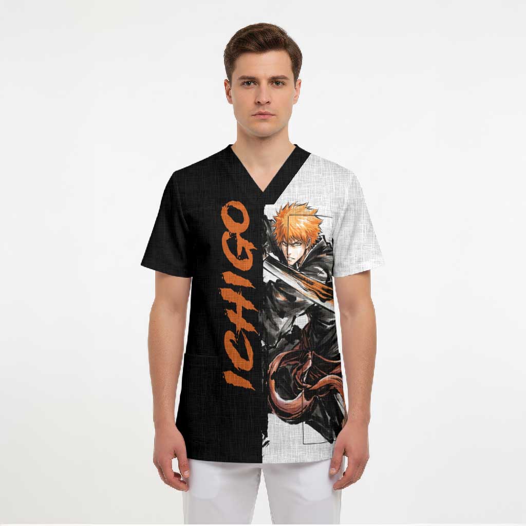 Personalized Ichigo Kurosaki Scrub Top Ink Splash Anime Brush Style