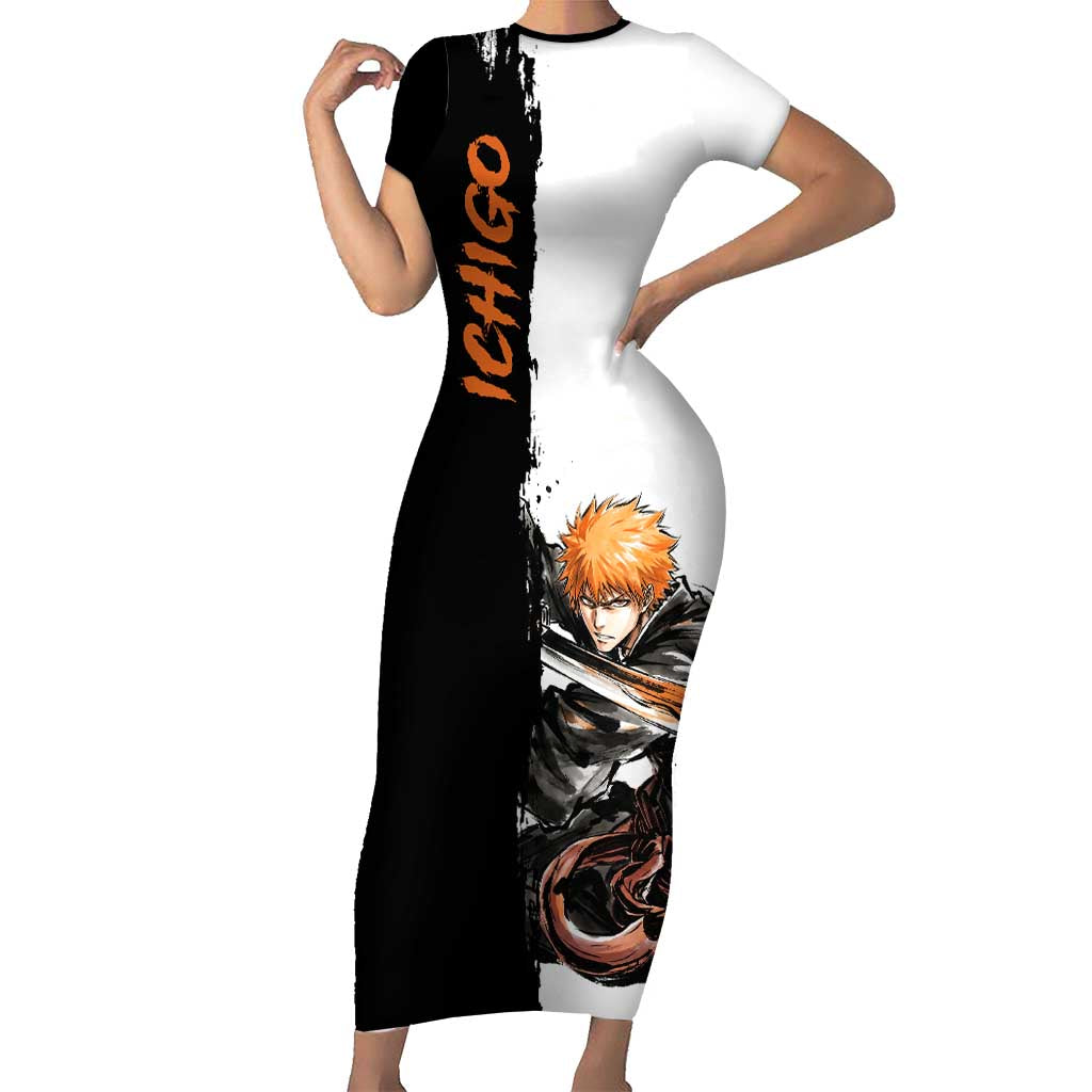 Personalized Ichigo Kurosaki Short Sleeve Bodycon Dress Ink Splash Anime Brush Style