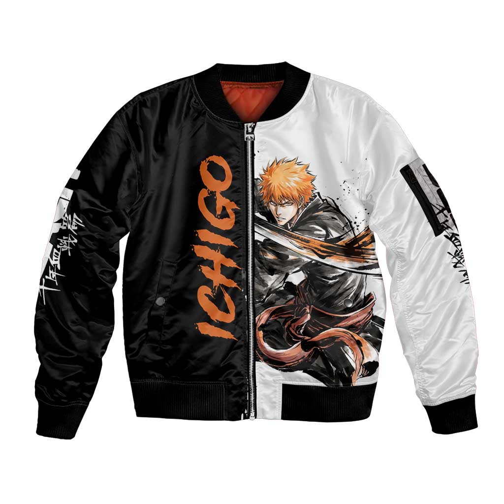 Personalized Ichigo Kurosaki Sleeve Zip Bomber Jacket Ink Splash Anime Brush Style