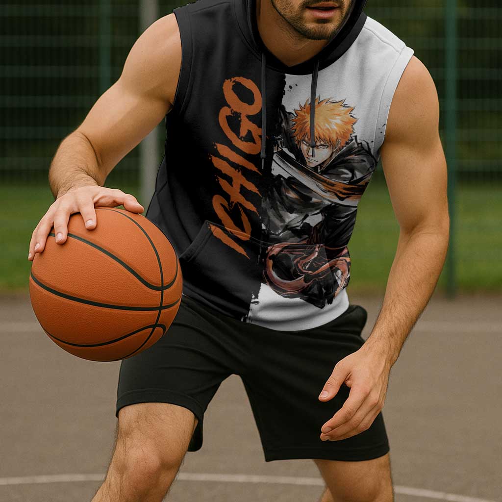 Personalized Ichigo Kurosaki Sleeveless Hoodie Ink Splash Anime Brush Style