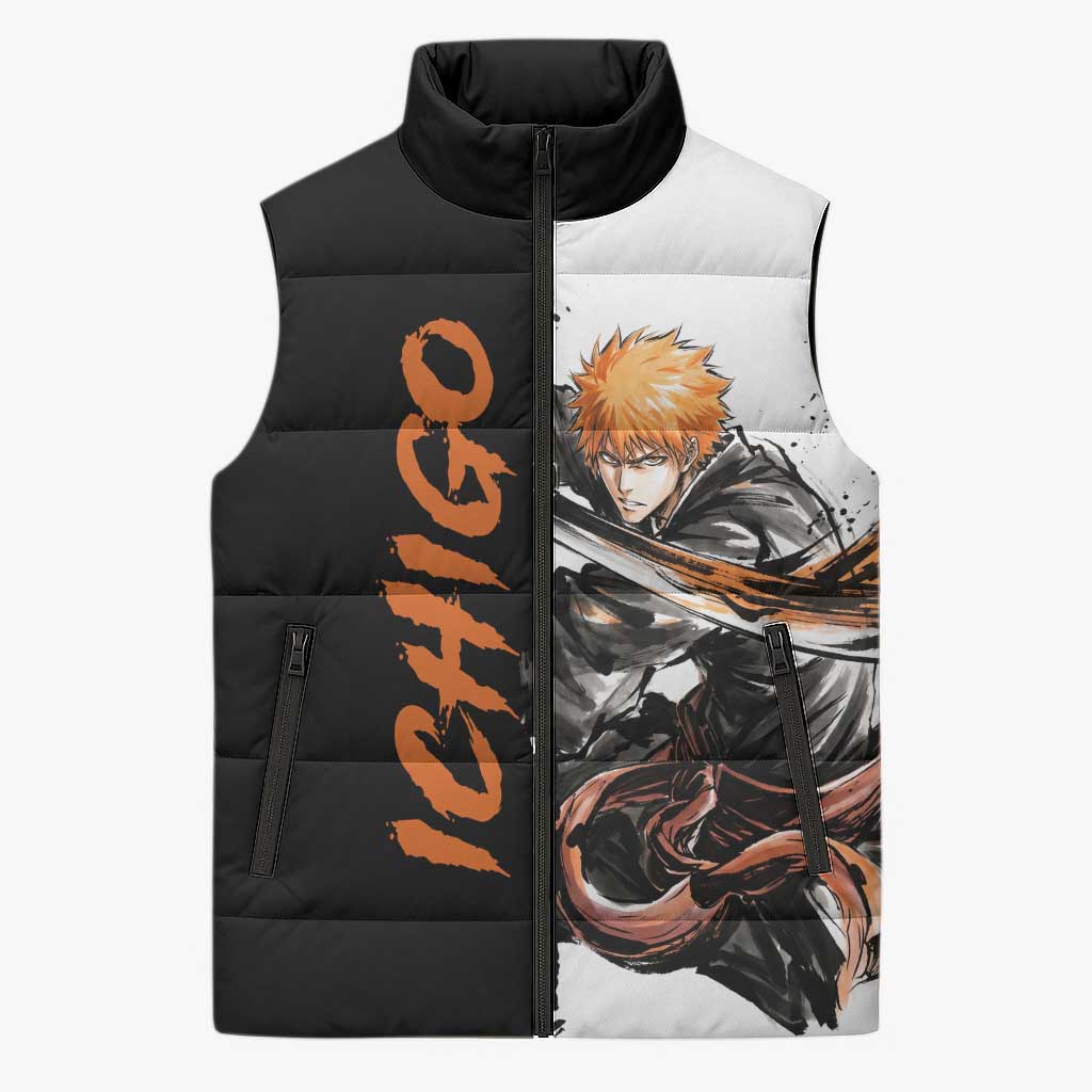 Personalized Ichigo Kurosaki Sleeveless Puffer Jacket Ink Splash Anime Brush Style