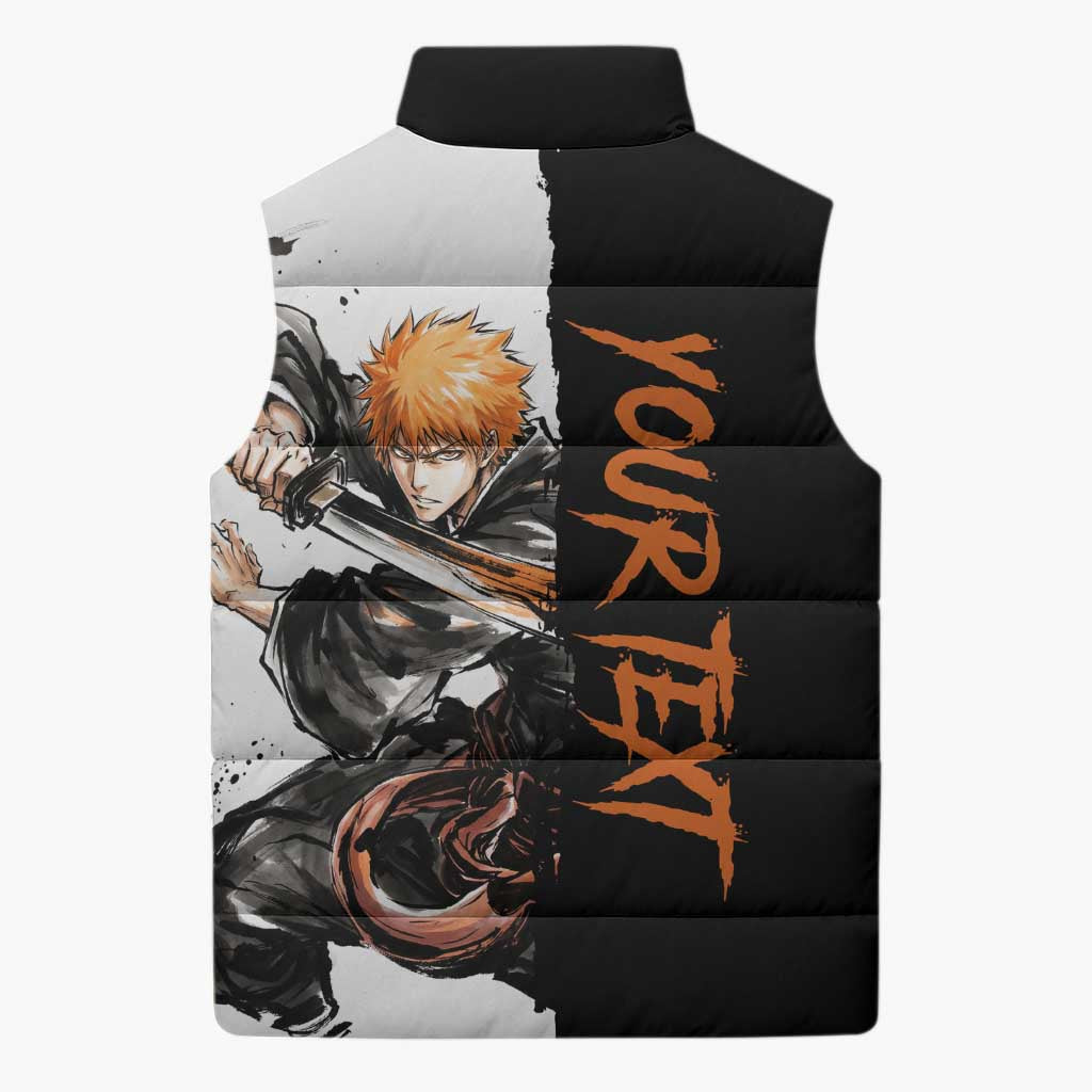 Personalized Ichigo Kurosaki Sleeveless Puffer Jacket Ink Splash Anime Brush Style