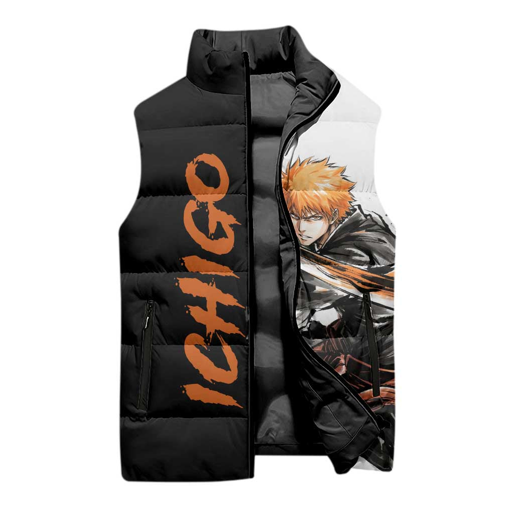 Personalized Ichigo Kurosaki Sleeveless Puffer Jacket Ink Splash Anime Brush Style