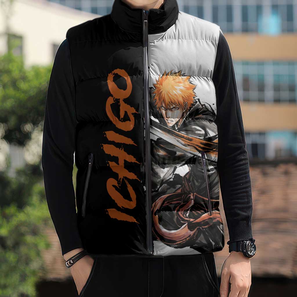 Personalized Ichigo Kurosaki Sleeveless Puffer Jacket Ink Splash Anime Brush Style