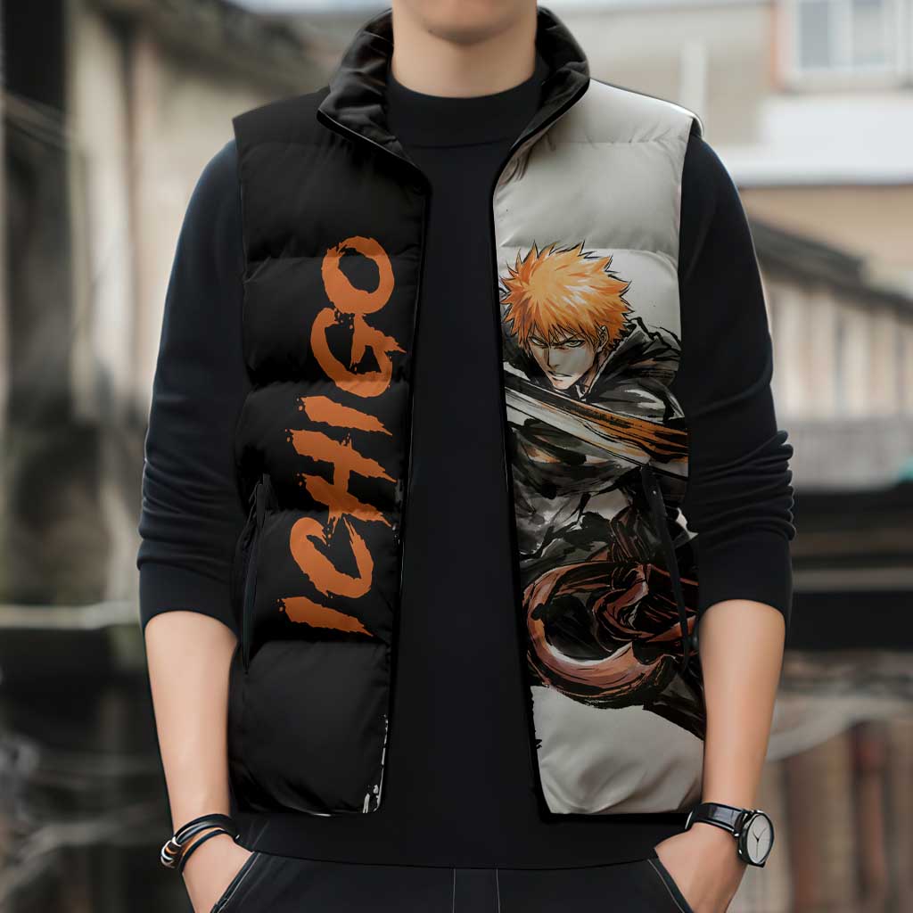 Personalized Ichigo Kurosaki Sleeveless Puffer Jacket Ink Splash Anime Brush Style