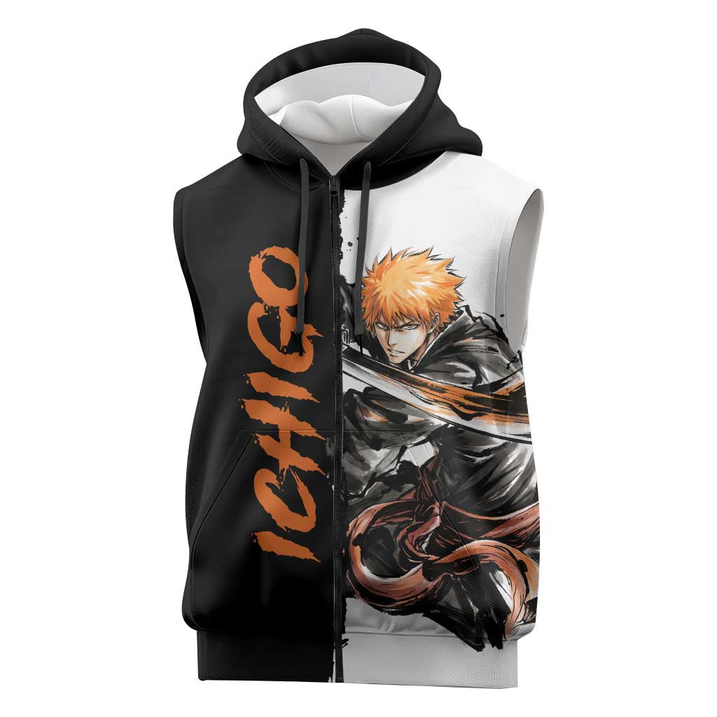 Personalized Ichigo Kurosaki Sleeveless Zip Hoodie Ink Splash Anime Brush Style