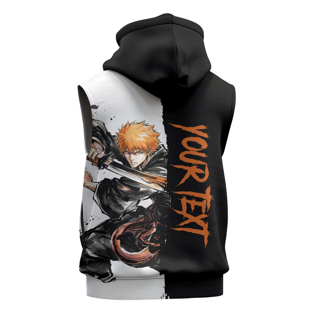 Personalized Ichigo Kurosaki Sleeveless Zip Hoodie Ink Splash Anime Brush Style