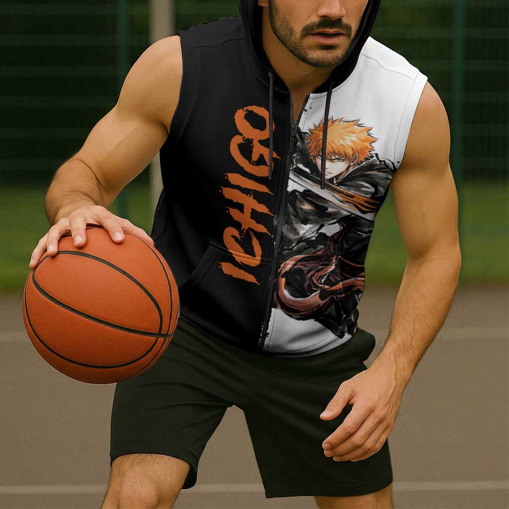 Personalized Ichigo Kurosaki Sleeveless Zip Hoodie Ink Splash Anime Brush Style