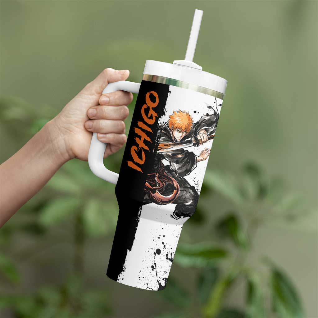 Personalized Ichigo Kurosaki Tumbler With Handle Ink Splash Anime Brush Style