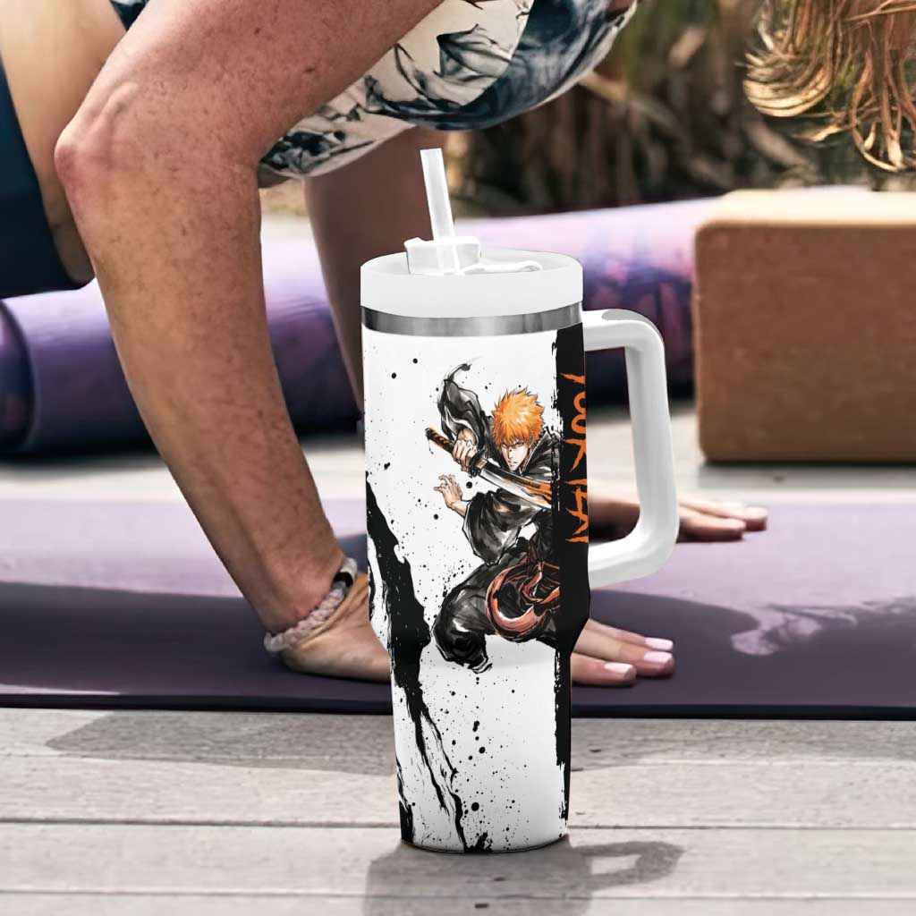 Personalized Ichigo Kurosaki Tumbler With Handle Ink Splash Anime Brush Style