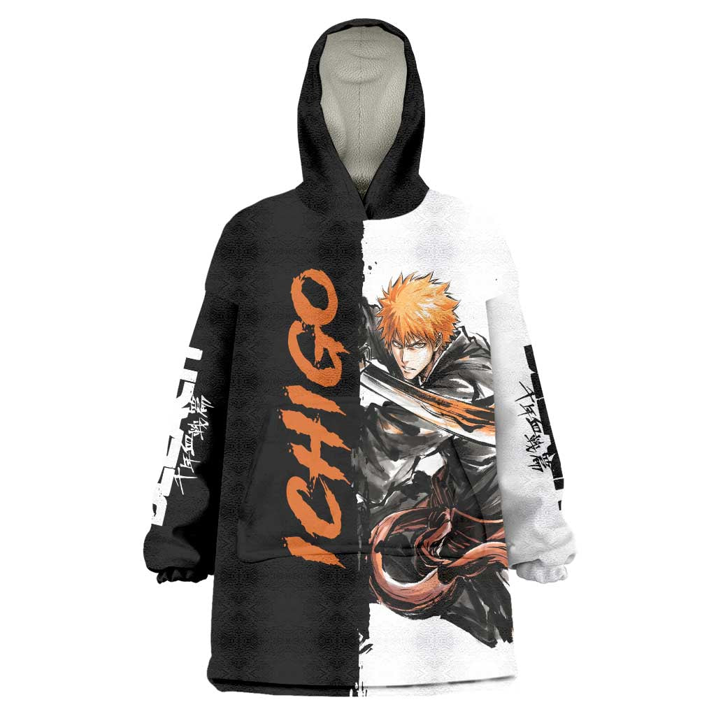 Personalized Ichigo Kurosaki Wearable Blanket Hoodie Ink Splash Anime Brush Style