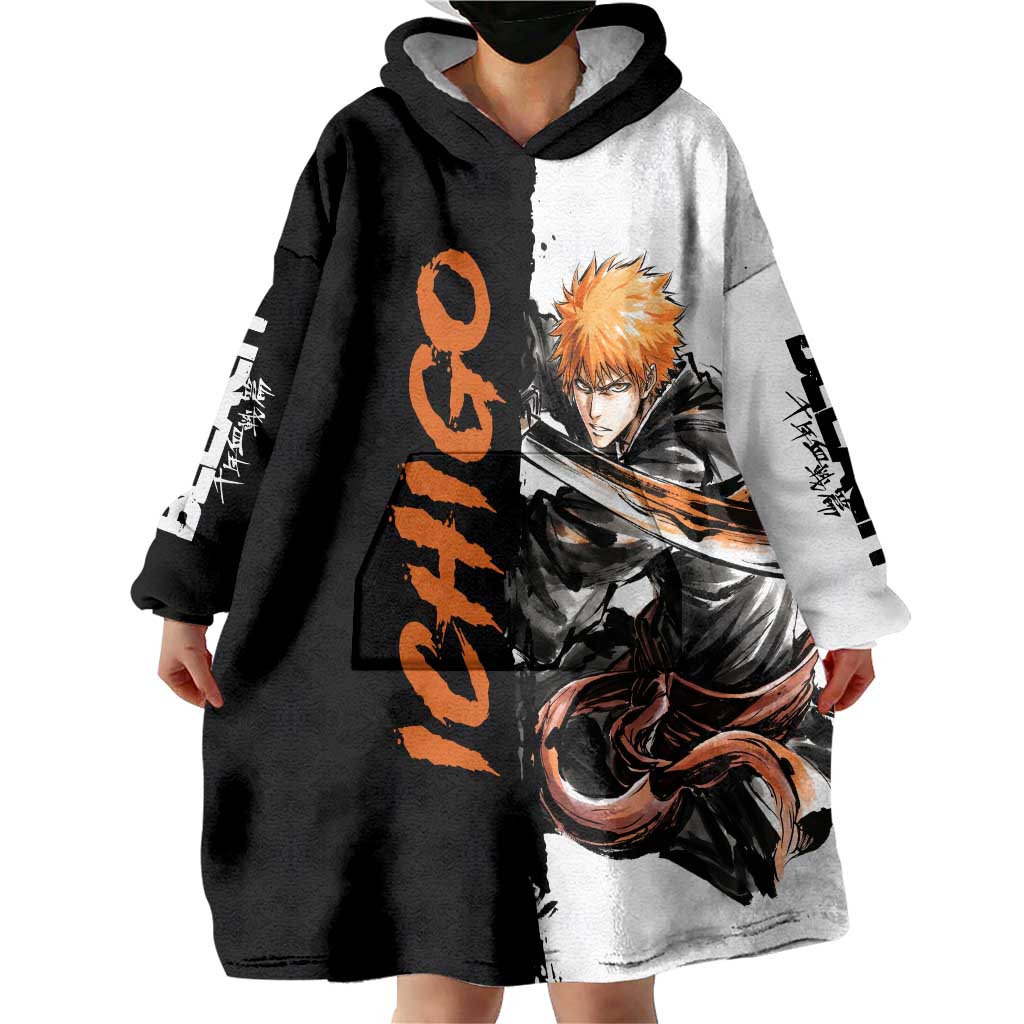 Personalized Ichigo Kurosaki Wearable Blanket Hoodie Ink Splash Anime Brush Style