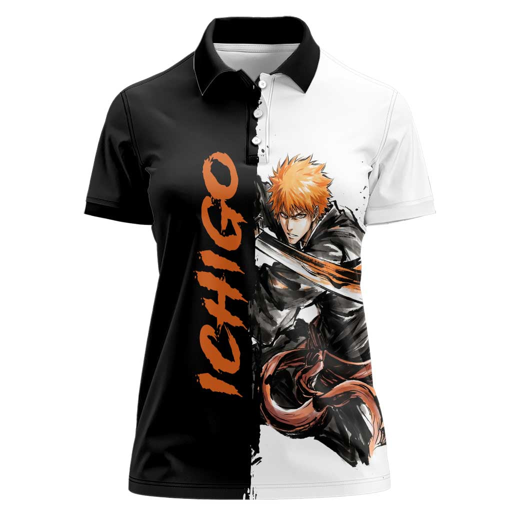 Personalized Ichigo Kurosaki Women Polo Shirt Ink Splash Anime Brush Style