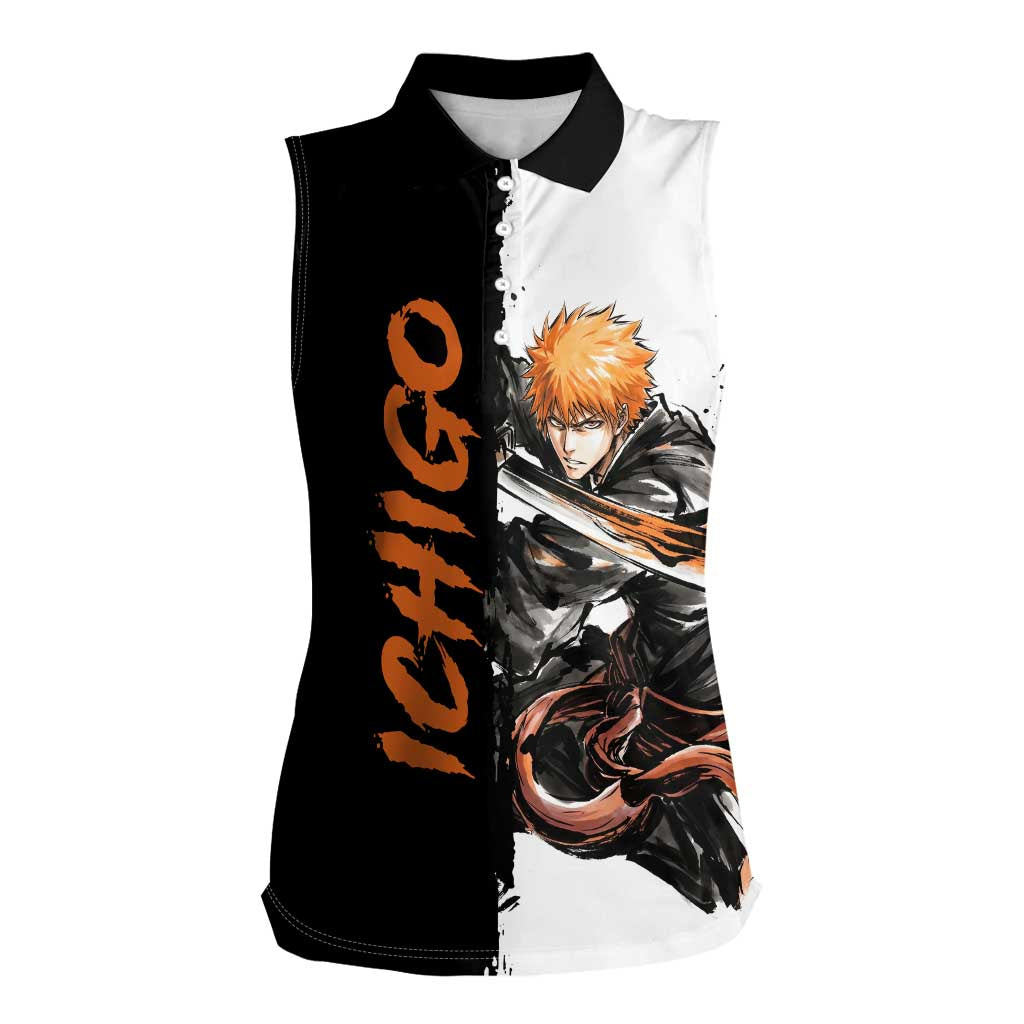 Personalized Ichigo Kurosaki Women Sleeveless Polo Shirt Ink Splash Anime Brush Style