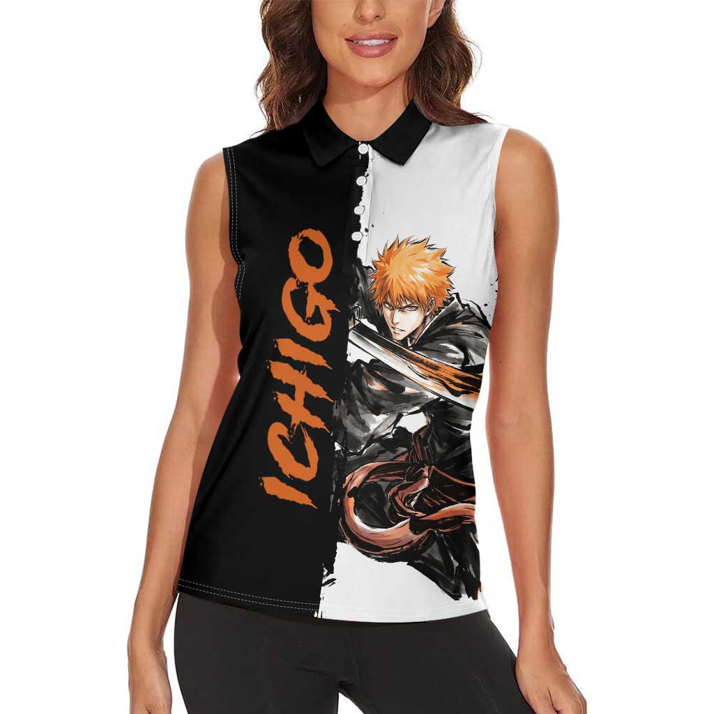 Personalized Ichigo Kurosaki Women Sleeveless Polo Shirt Ink Splash Anime Brush Style