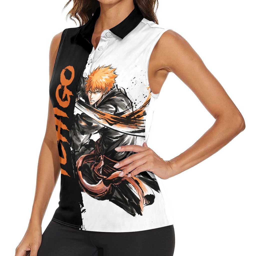 Personalized Ichigo Kurosaki Women Sleeveless Polo Shirt Ink Splash Anime Brush Style