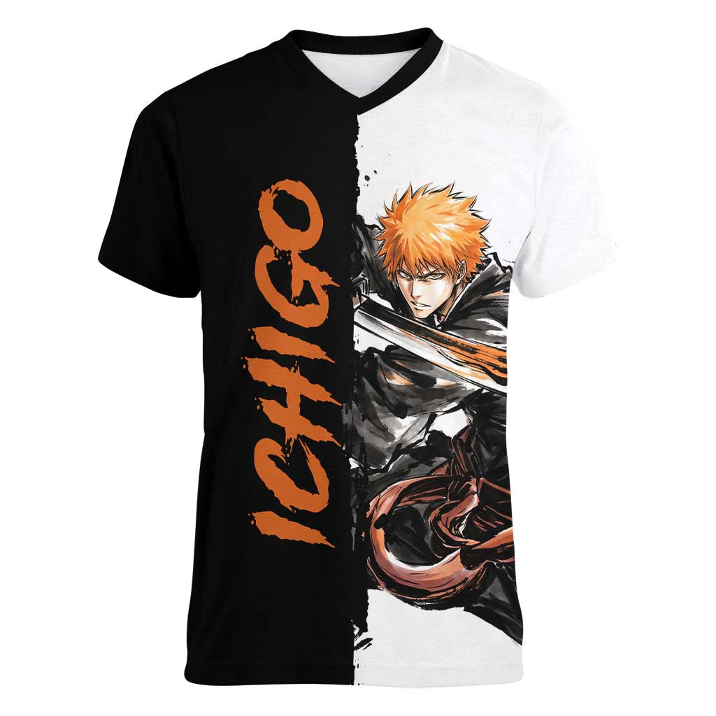 Personalized Ichigo Kurosaki Women V-Neck T-Shirt Ink Splash Anime Brush Style