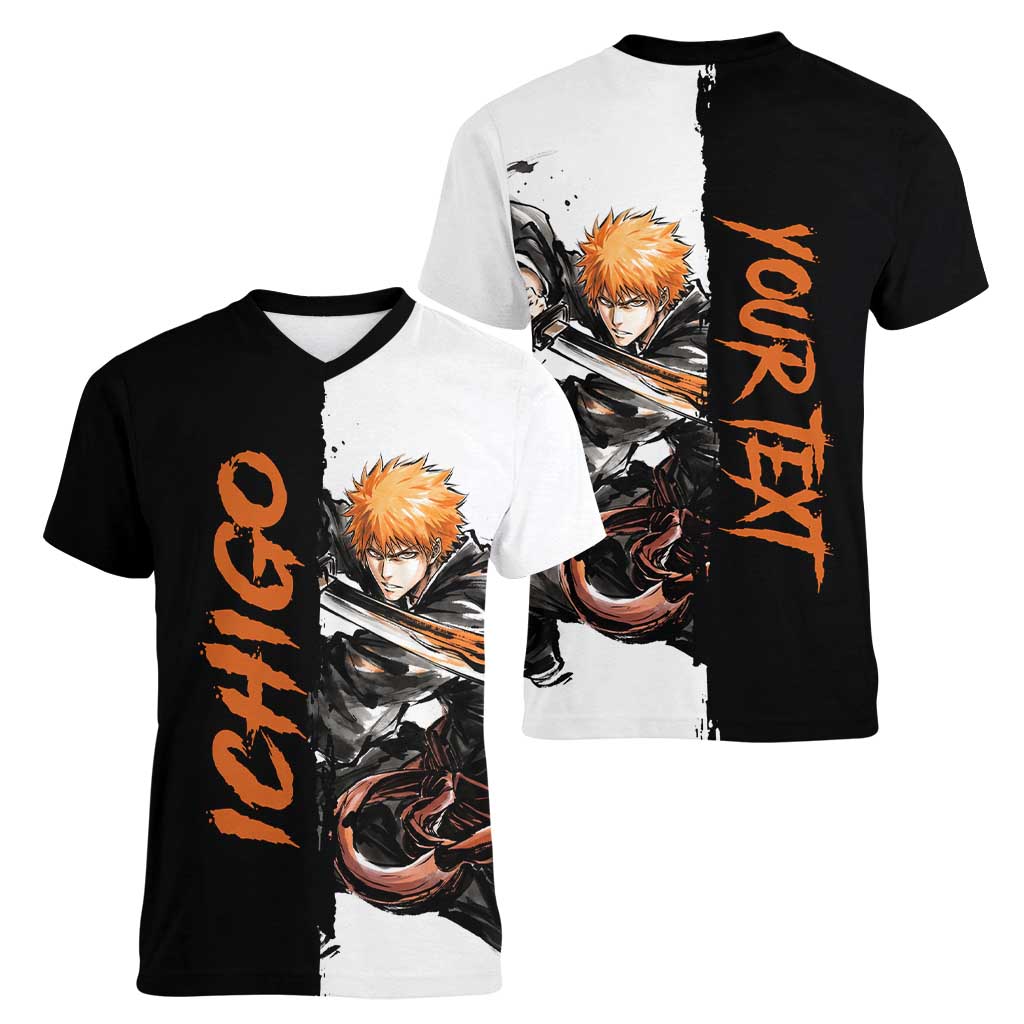 Personalized Ichigo Kurosaki Women V-Neck T-Shirt Ink Splash Anime Brush Style