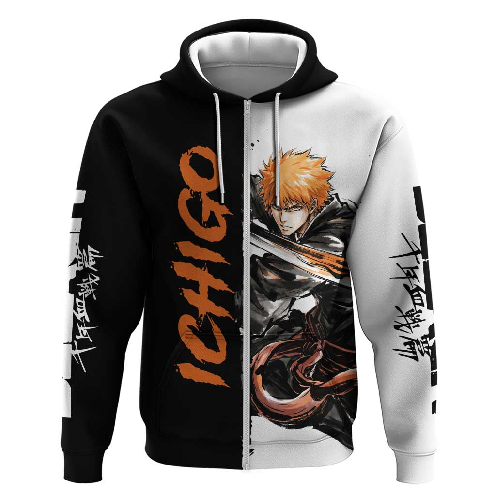 Personalized Ichigo Kurosaki Zip Hoodie Ink Splash Anime Brush Style