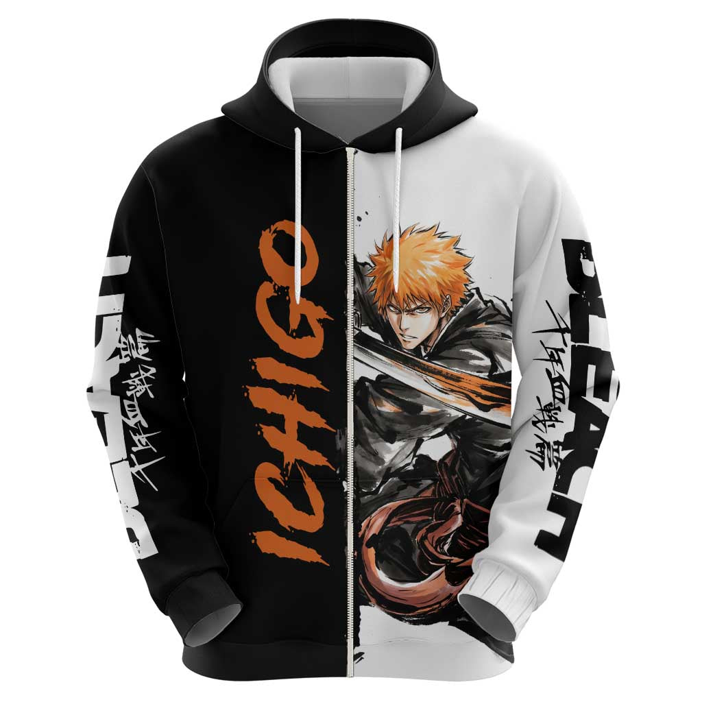 Personalized Ichigo Kurosaki Zip Hoodie Ink Splash Anime Brush Style