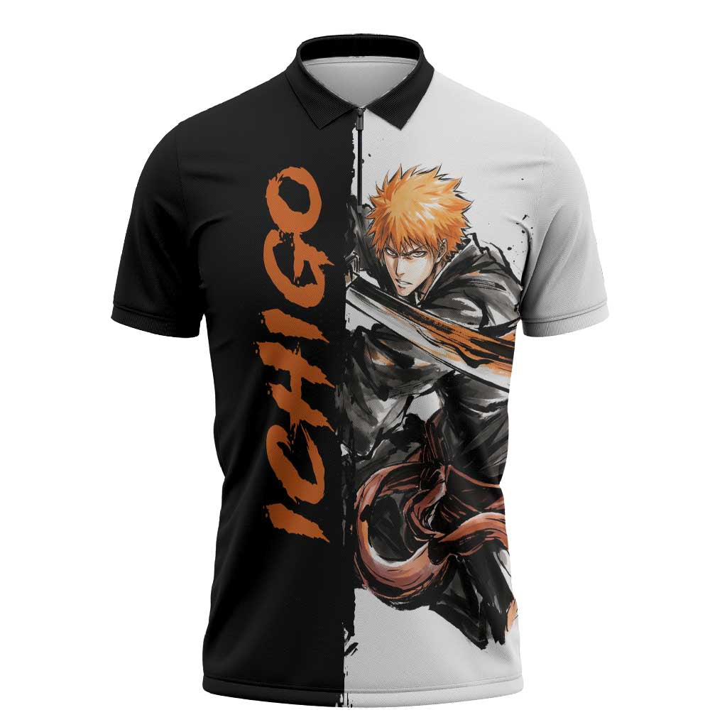 Personalized Ichigo Kurosaki Zipper Polo Shirt Ink Splash Anime Brush Style