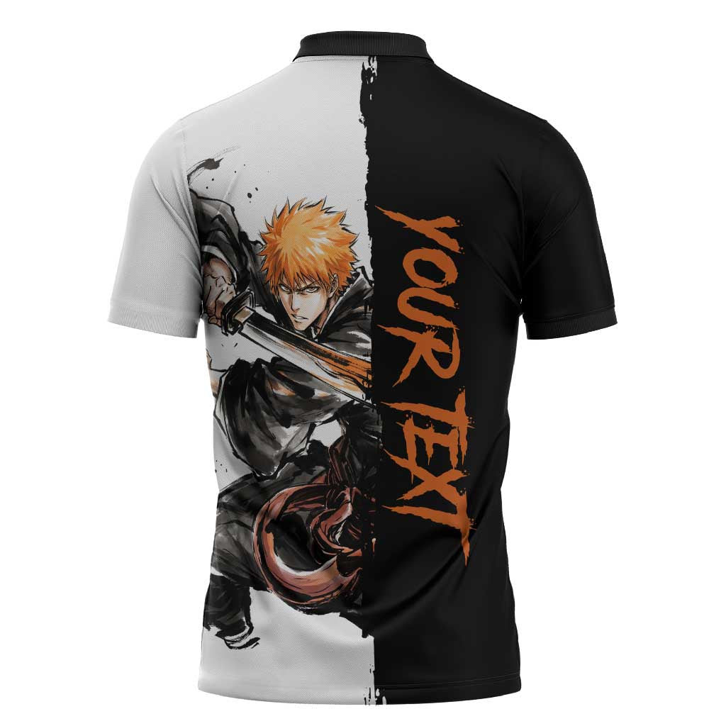 Personalized Ichigo Kurosaki Zipper Polo Shirt Ink Splash Anime Brush Style