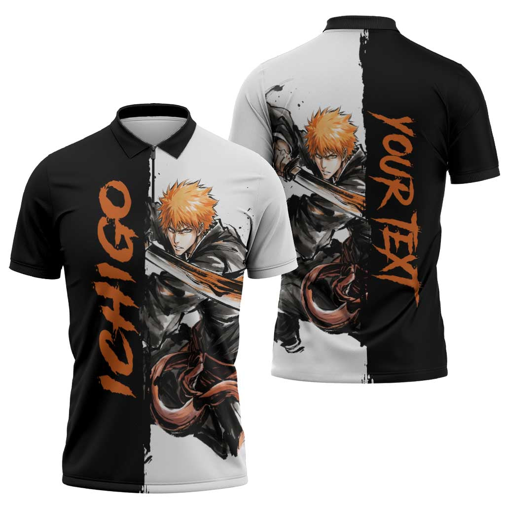 Personalized Ichigo Kurosaki Zipper Polo Shirt Ink Splash Anime Brush Style
