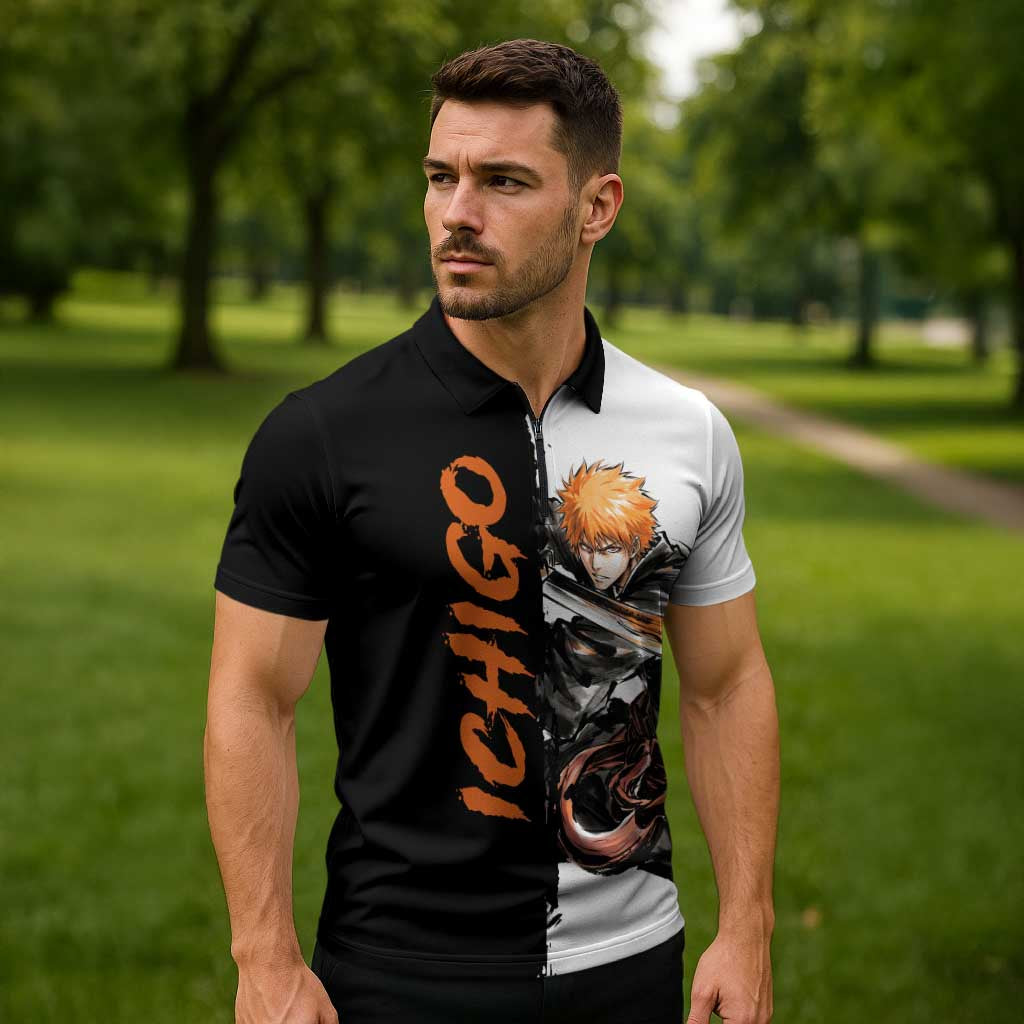 Personalized Ichigo Kurosaki Zipper Polo Shirt Ink Splash Anime Brush Style