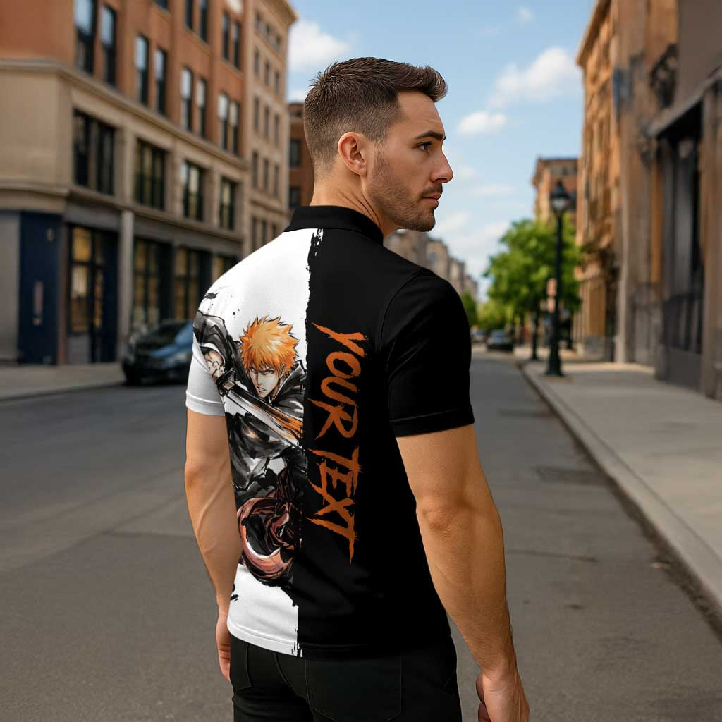Personalized Ichigo Kurosaki Zipper Polo Shirt Ink Splash Anime Brush Style