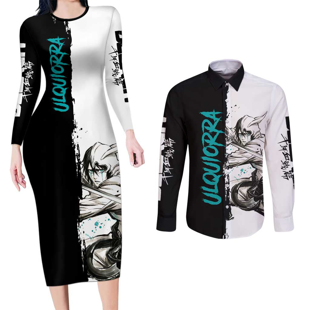 Personalized Ulquiorra Cifer Couples Matching Long Sleeve Bodycon Dress and Long Sleeve Button Shirt Ink Splash Anime Brush Style