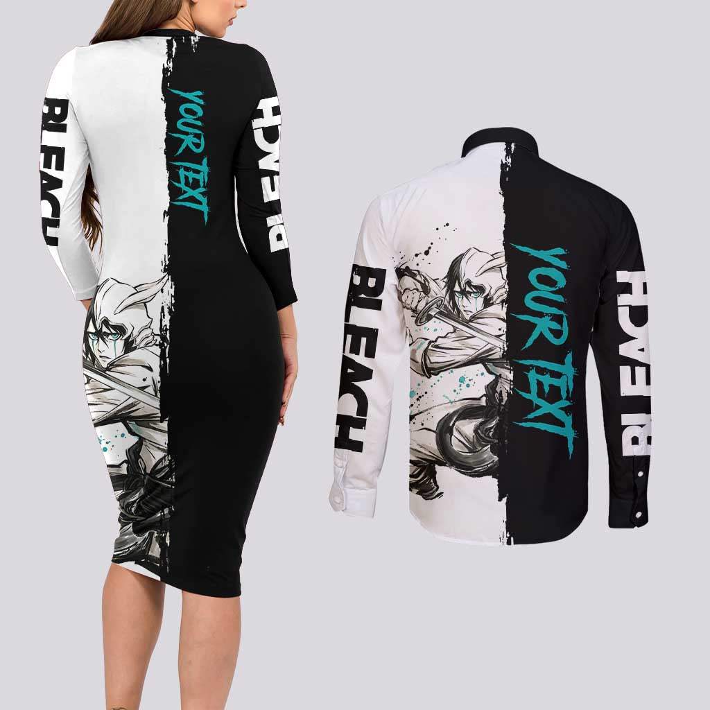 Personalized Ulquiorra Cifer Couples Matching Long Sleeve Bodycon Dress and Long Sleeve Button Shirt Ink Splash Anime Brush Style