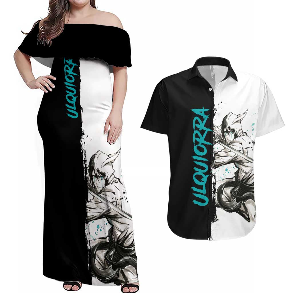 Personalized Ulquiorra Cifer Couples Matching Off Shoulder Maxi Dress and Hawaiian Shirt Ink Splash Anime Brush Style