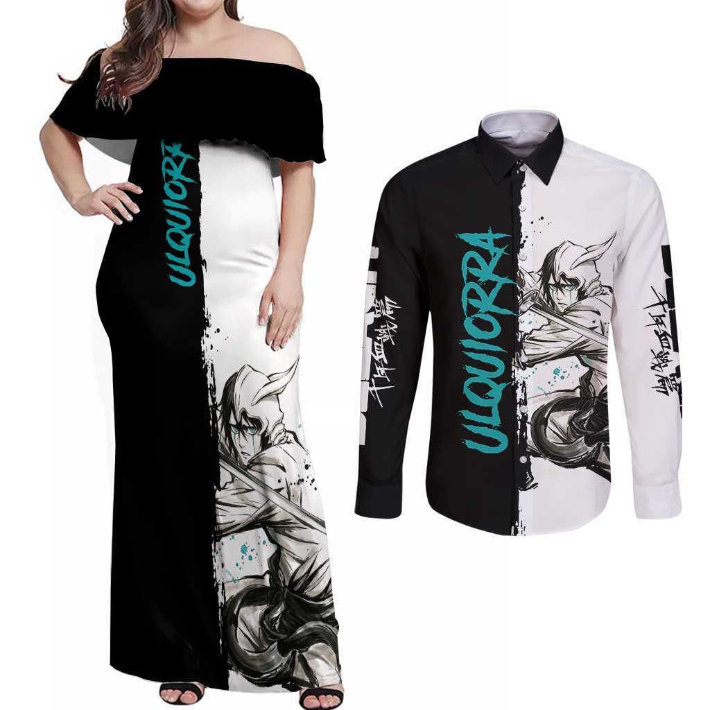 Personalized Ulquiorra Cifer Couples Matching Off Shoulder Maxi Dress and Long Sleeve Button Shirt Ink Splash Anime Brush Style
